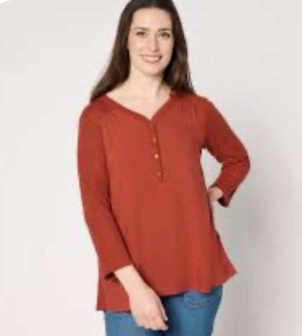 LOGO by Lori Goldstein Blouse Top Thermal Waffle Knit Henley 3/4 Sleeve Copper M